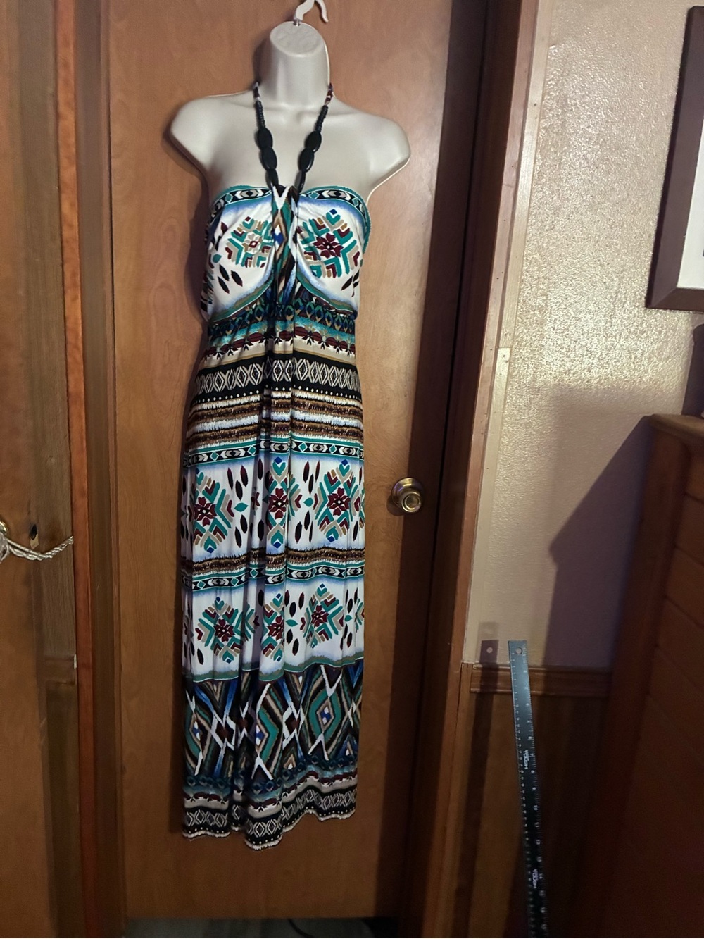 Strapless Geometric Print Maxi Dress in Teal and White